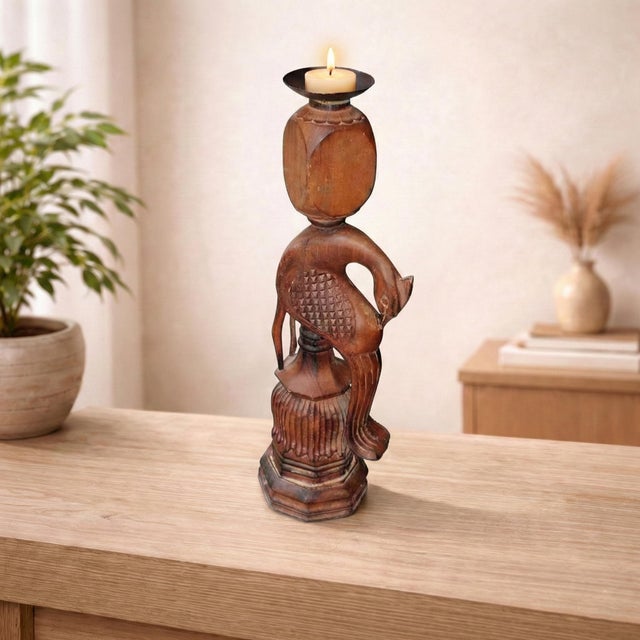 Boho Chic Antique Teak Wood Peacock Candle Holder | Handcrafted Reclaimed Bedpost Candlestick | Rustic Boho Bird Decor | Unique Housewarming Gift For Sale - Image 3 of 6