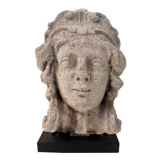 Carved Concrete Head Sculpture on Iron Base For Sale