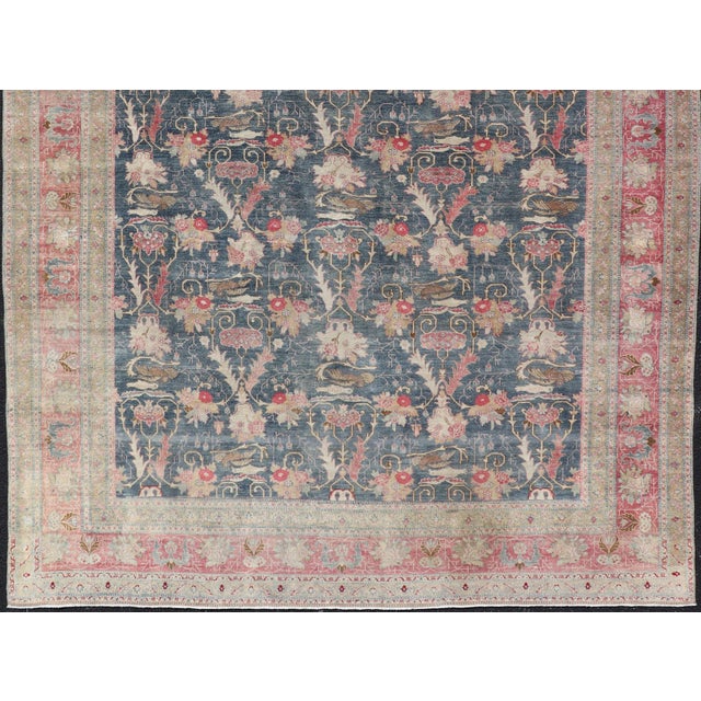 Antique Persian Tabriz Rug With Brid Design in Blue 8'8 X 12' For Sale In Atlanta - Image 6 of 16