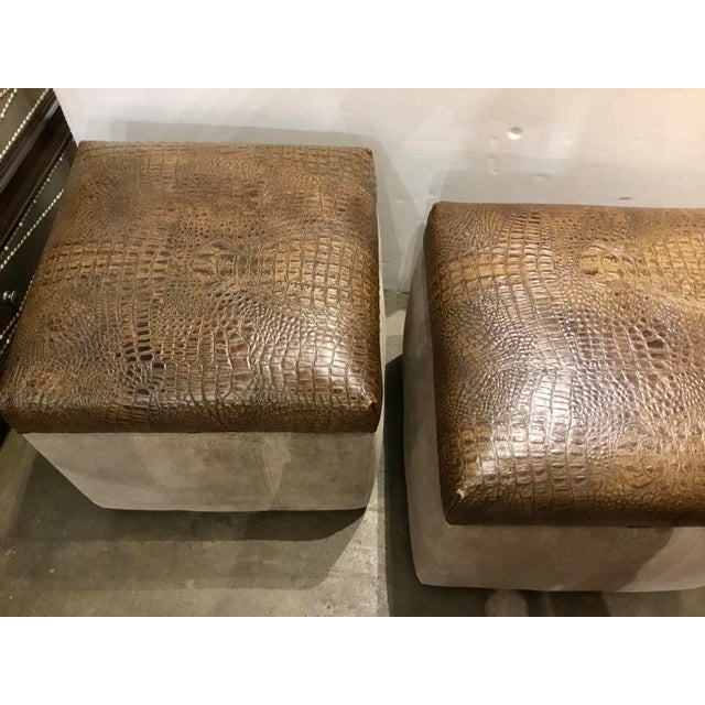 Modern Faux Alligator Embossed Leather Square Storage Ottomans on