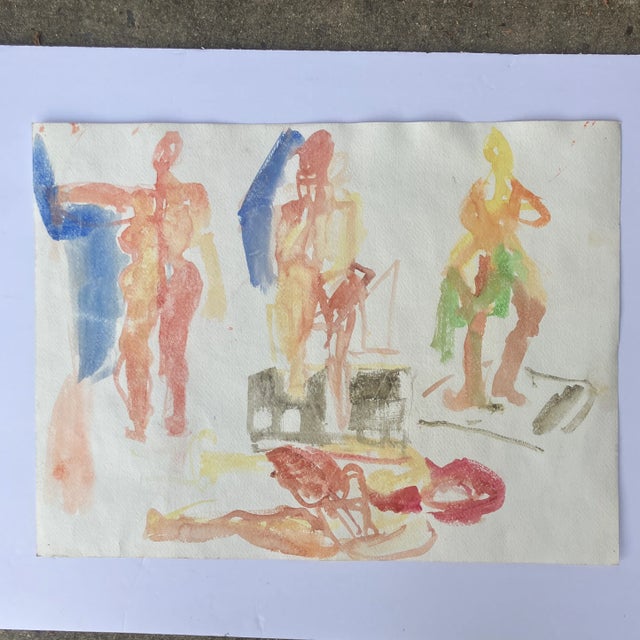 1980’s Vintage Original Abstract Expressionist Double Figure With Sales Watercolor Painting Double Sided For Sale - Image 4 of 4