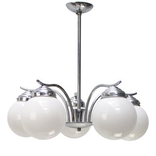 French Art Deco Nickel-Plated 5-Arm Chandelier with White Opaline Glass Globes For Sale