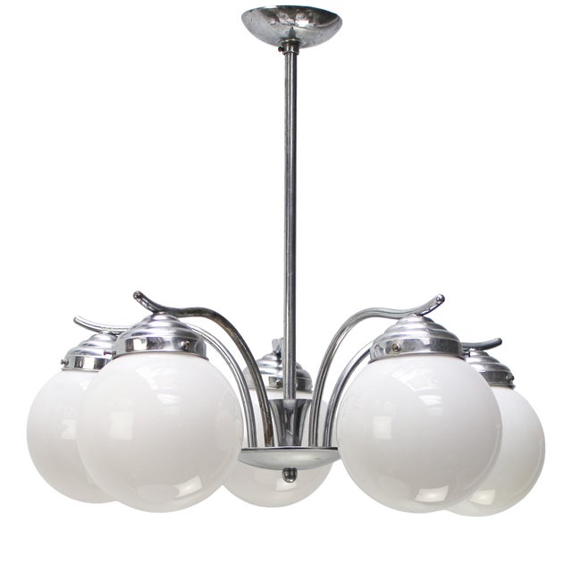 French Art Deco Nickel-Plated 5-Arm Chandelier with White Opaline Glass Globes For Sale