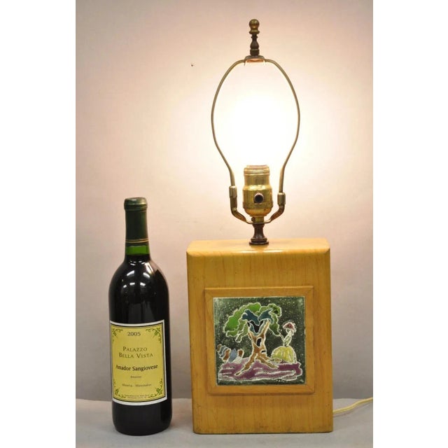 Vintage J. Warner Prins (2)Tile Mid Century Modern Cerused Wood Block Small Table Lamp, Signed. Circa Mid 20th Century....