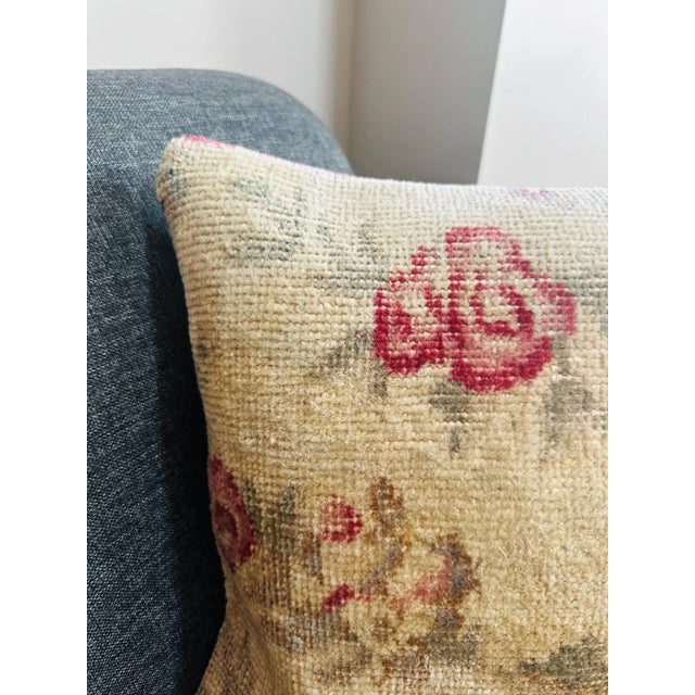 Vintage Turkish Rug Pillow Cover, Handwoven Wool Isparta Floral Cushion, One of a Kind Boho Pillow, 16x16 In For Sale - Image 6 of 11