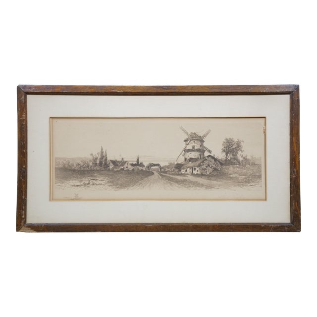 Antique Alfred Hopkins Windmill Thatched Cottage Landscape Etching 30" For Sale