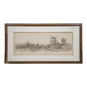 Antique Alfred Hopkins Windmill Thatched Cottage Landscape Etching 30"