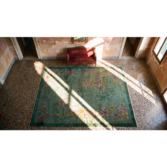 Green 1920s Green Floral Antique Chinese Art Deco Rug 7' 10'' X 9' 7 Handknotted Wool Carpet For Sale - Image 8 of 9