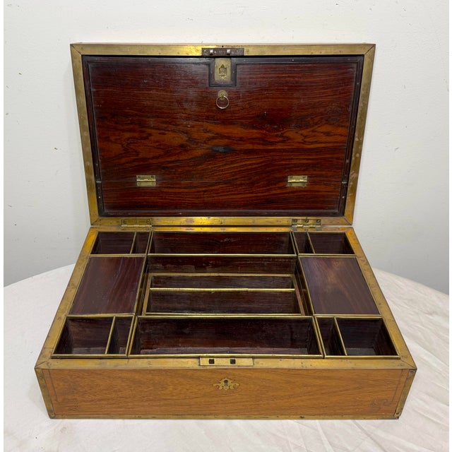 Wood Large High Quality Antique 19th Century Wood Inlaid Brass Writing Lap Desk Box For Sale - Image 7 of 18