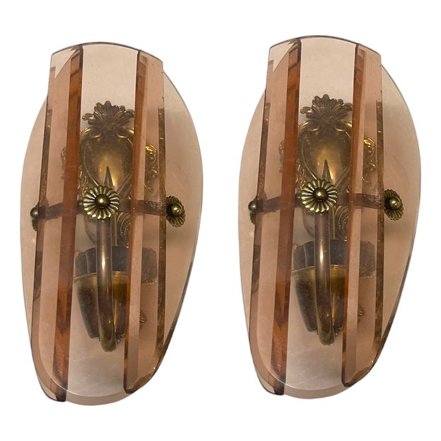 Italian Bronze and Pink Glass Wall Sconces, 1950s, Set of 2 For Sale