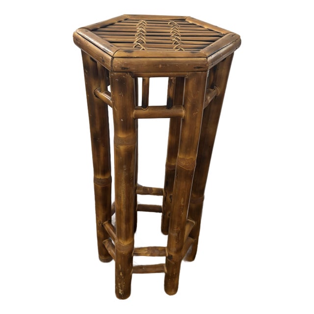 Mid Twentieth Century Slim Bamboo Rattan Tall Drink Table With Hexagon Top For Sale