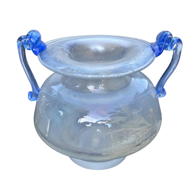 Antique White Murano Scavo Art Glass Amphora Vase With Cobalt Blue Handles For Sale - Image 8 of 17