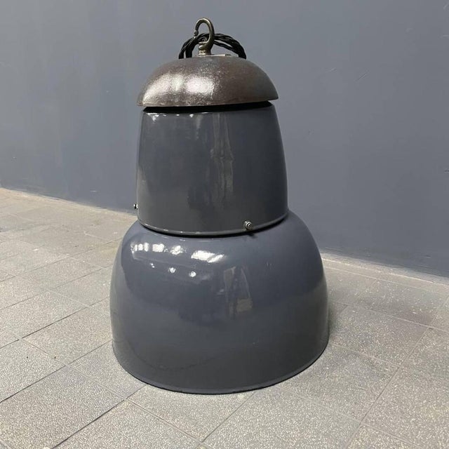 Large Industrial Blue-Gray Enamel Hanging Lamp, 1940s For Sale - Image 12 of 18