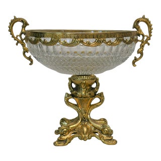Large Mid 20th Century Brass & Crystal Compote For Sale