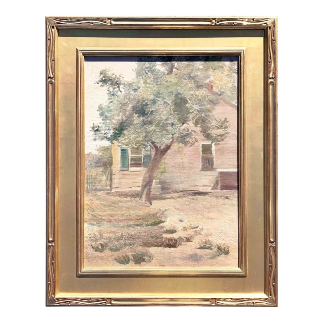 Early 20th Century House with Tree Oil Painting For Sale