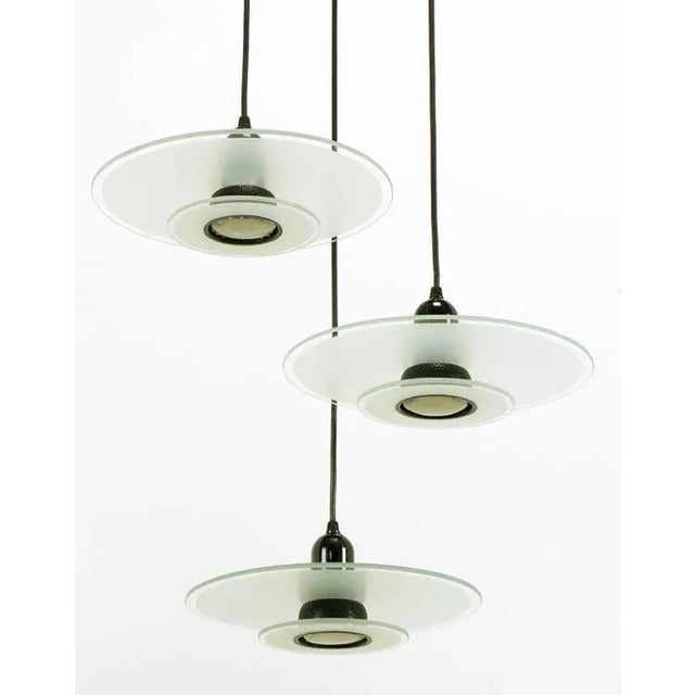 Art Deco Revival Etched Glass and Black Enamel Three-Light Pendant For Sale - Image 4 of 7