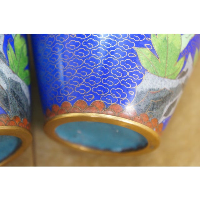 Early 20th Century Pair of Chinese Cloisonne Cobalt Blue Floral Peonies Butterfly Vases Urns 7" For Sale - Image 13 of 13