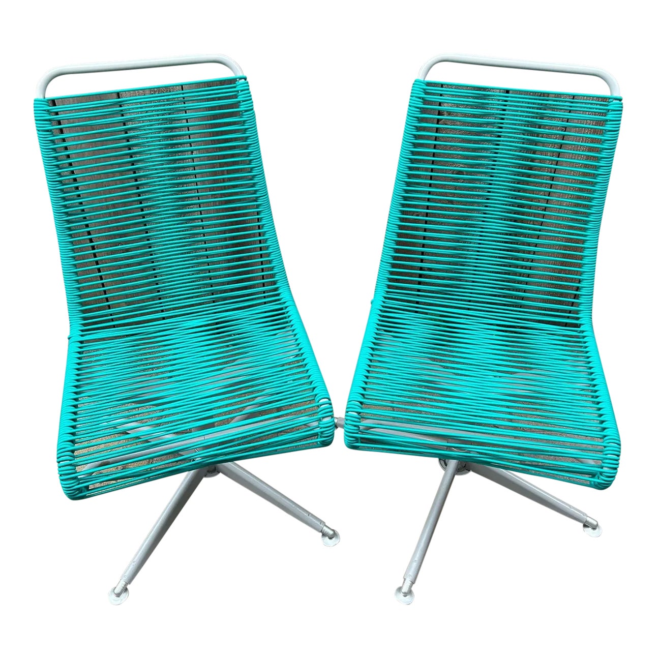 Restored Vintage Ames Aire Teal Cabana Star Swivel Patio Chairs Set