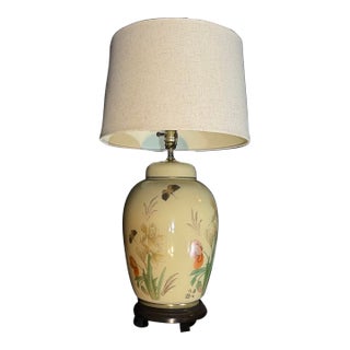 1970s Chinoiserie Butterfly Floral Ceramic Ginger Jar Table Lamp For Sale