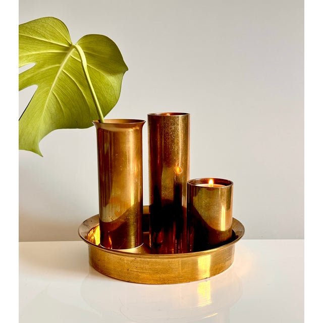 1960s Scandinavian Modern Candleholders with Vase & Tray in Brass from Ekte Norsk Odel, Norway, 1960s, Set of 4 For Sale - Image 5 of 15