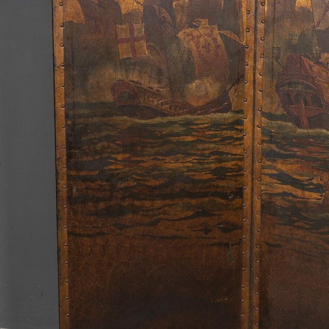 20th Century Oil Painted on Leather Room Screen, 1920s For Sale - Image 6 of 18