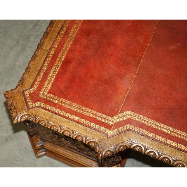 Oxblood Red Exhibition Quality 19th Century Walnut Partner Desk With 17th Century Hand-Carved Religious Panels For Sale - Image 8 of 18