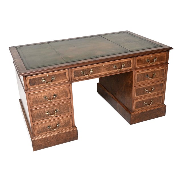 Vintage Pedestal Desk in Burr Walnut with Leather Top, 1950 For Sale