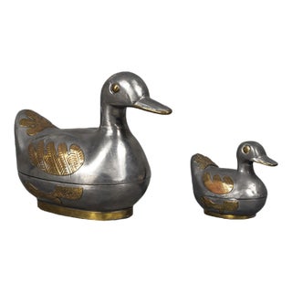 Ducks in Tin and Brass as Bowl with Lid, 1960s, Set of 2 For Sale