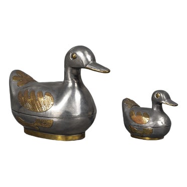 Ducks in Tin and Brass as Bowl with Lid, 1960s, Set of 2 For Sale