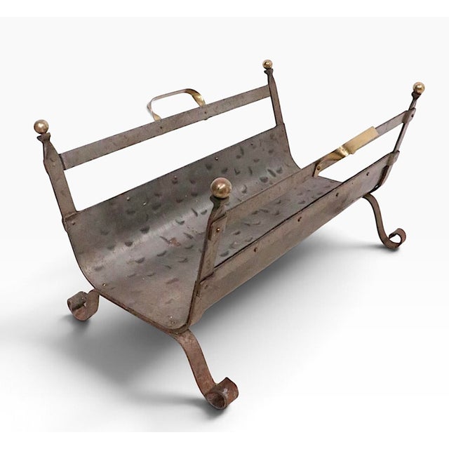 Industrial Mid 20th Century Arts and Crafts Style Iron and Brass Firewood Log Holder For Sale - Image 3 of 13