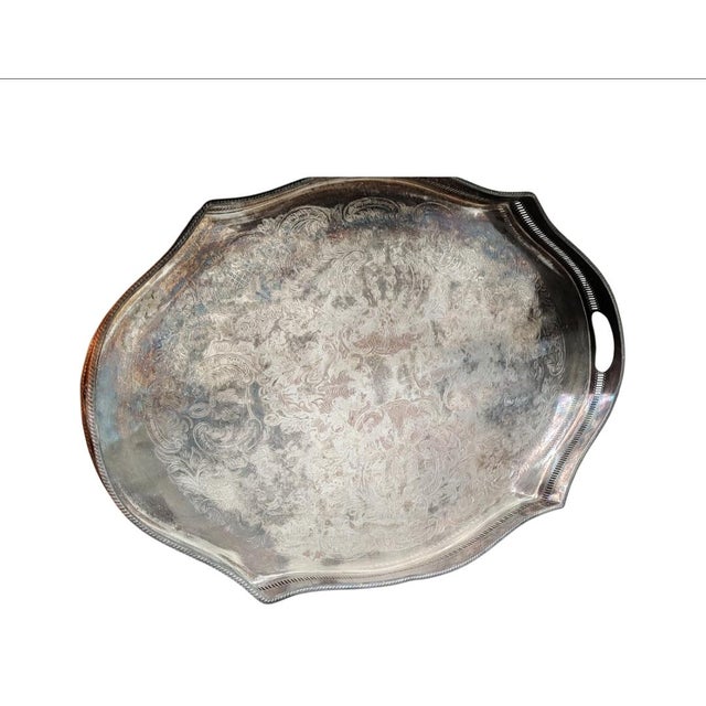 Silver Antique Sheffield England Huge Oval Footed Gallery Serving Tray For Sale - Image 8 of 9