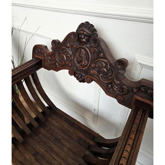 Italian Savonarola Armchairs in Carved Walnut, 1900, Set of 2 For Sale - Image 6 of 12