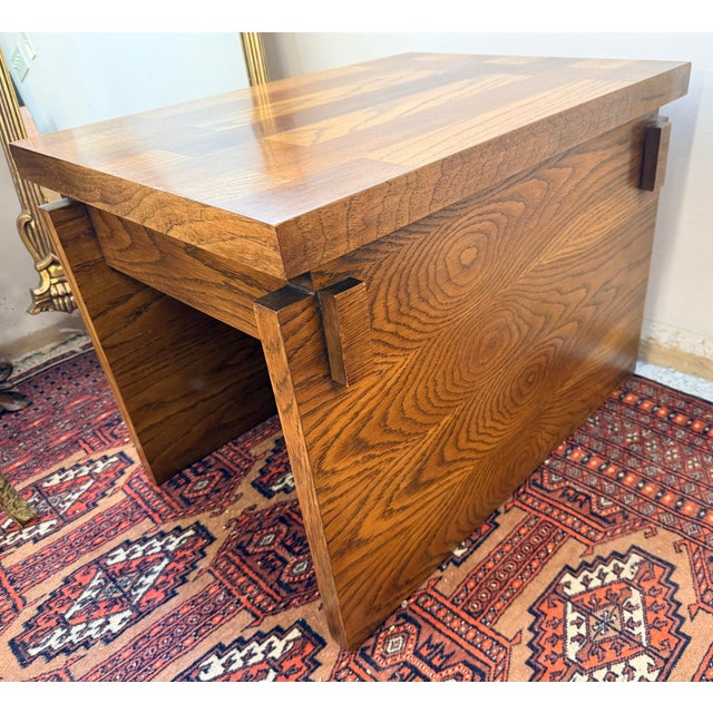 Pair of Lane Alta Vista end tables with striking geometric bases and beautifully grained plank-style tops. A classic mid-...