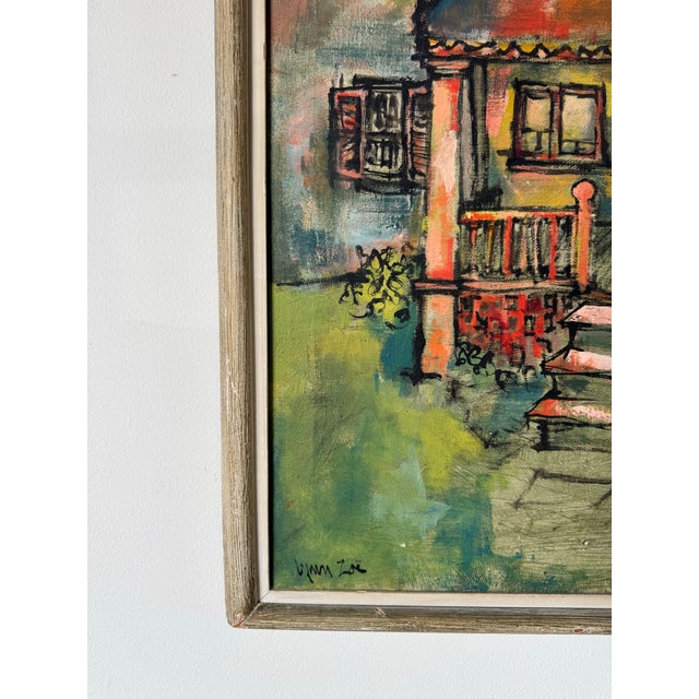 Yellow 1960s Vintage Impressionist Row Houses Oil on Canvas Painting, Signed For Sale - Image 8 of 12