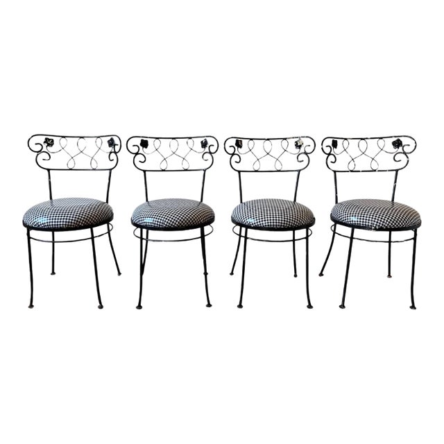 Vintage Wrought Iron Dining Chairs With Gingham Seats, Set of 4 For Sale