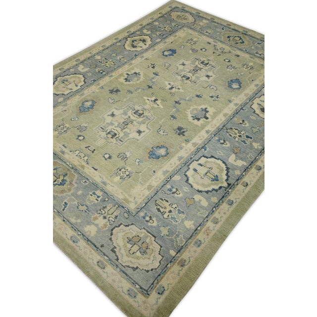 Early 21st Century Early 21st Century Green & Blue Floral Design Handwoven Wool Turkish Oushak Rug 6'2" X 8'2" For Sale - Image 5 of 8