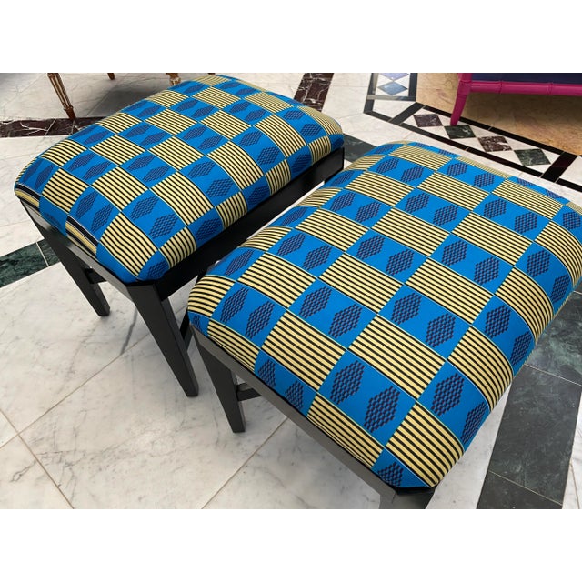 Mid-Century X-Base Ottoman Stools With Geometric African Print- a Pair For Sale - Image 10 of 11