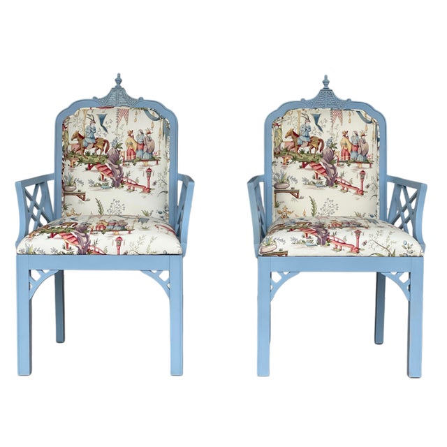 1980s Pair Newly Upholstered Blue Chinese Chippendale Chairs in Schumacher Tientsin Toile For Sale - Image 14 of 17