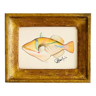 Original Hand-Painted Yellow Fish Painting Framed in a Vintage Italian Frame For Sale