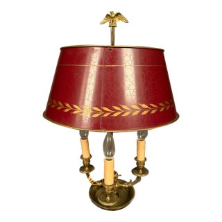 Early 20th Century French Bronze and Tall French Bouillotte Style Table Lamp With Red Hand-Painted Shade For Sale