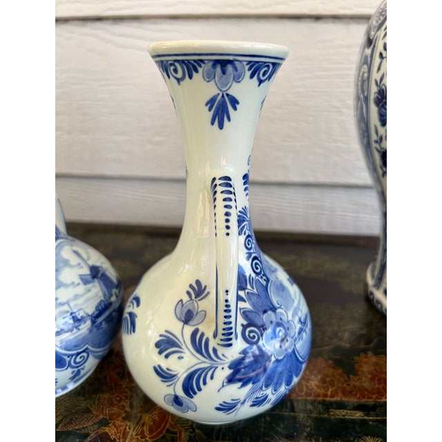 Pair Petite Vintage Delft Vases Blue & White Windmilll Hand Painted Bud Vases For Sale - Image 10 of 18
