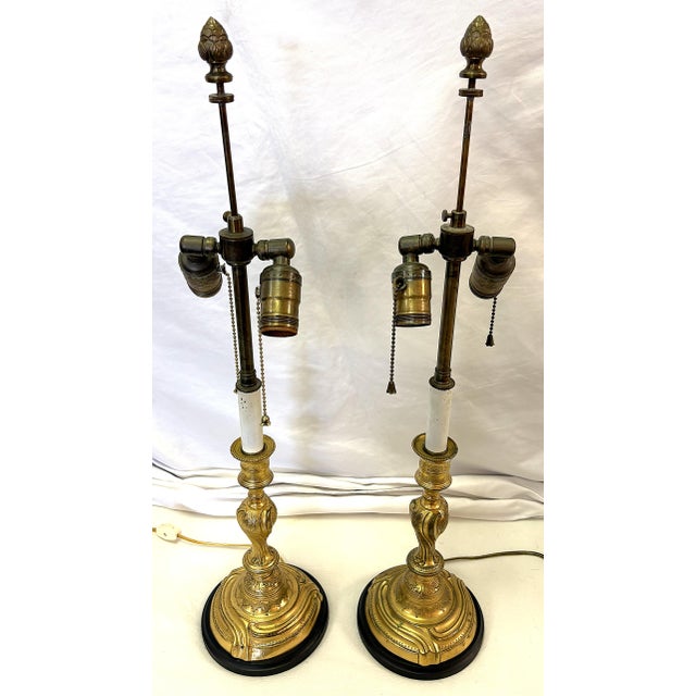 Art Nouveau Antique French Art Nouveau Embossed Brass Candlestick Lamps- A Pair For Sale - Image 3 of 18