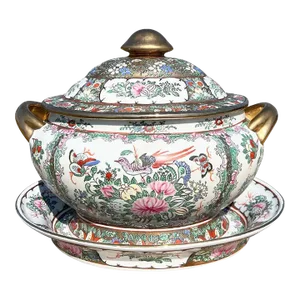 Vintage Gilt Chinoiserie Pink Famille Rose Oval Ceramic Tureen With Lid and Underplate