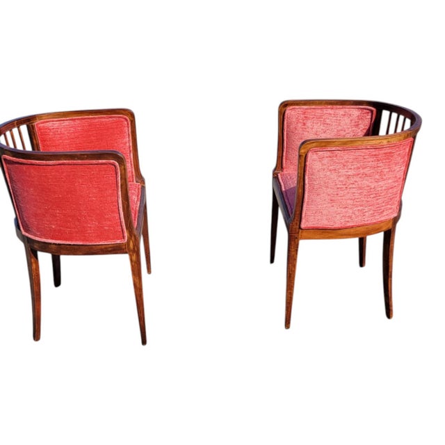 Pair 1920s English Edwardian Inlaid Mahogany Tub Club Chairs Newly Upholstered For Sale - Image 12 of 18