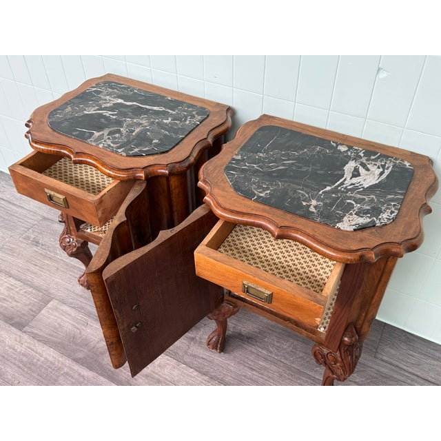 Vintage Walnut Bedside Tables with Marble Top, 1930s, Set of 2 For Sale - Image 10 of 18