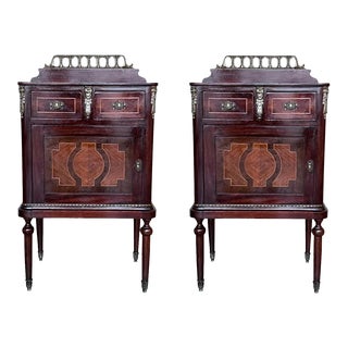 Pair of Italian Marquetry Nightstands With Bronze Crest, Drawers and Doors For Sale