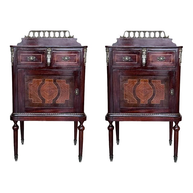 Pair of Italian Marquetry Nightstands With Bronze Crest, Drawers and Doors For Sale