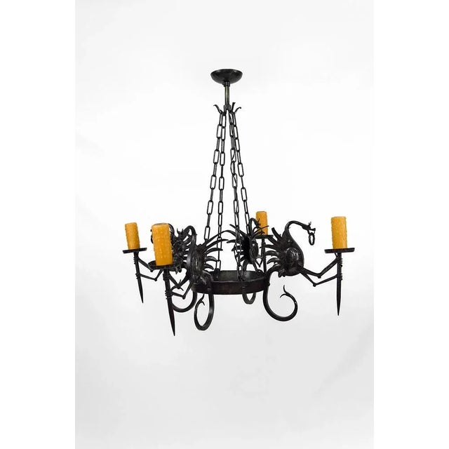 Boho Chic Italian Wrought Iron Chandelier with Dragons, 1890s For Sale - Image 3 of 13
