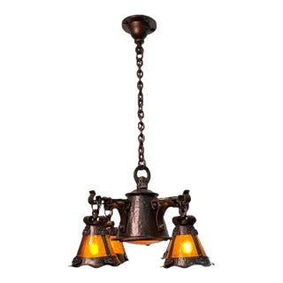 1910s Arts and Crafts 5 Light With Four Lanterns and Mica Dome Bottom Light For Sale