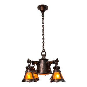 1910s Arts and Crafts 5 Light With Four Lanterns and Mica Dome Bottom Light